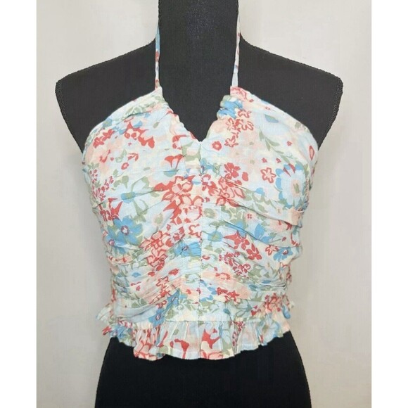 AMERICAN EAGLE Cropped Floral Cinch‎ Front Smocked Back Ruffle Halter XS NWT - Picture 1 of 10